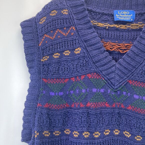Vintage Lobo By Pendleton Sweater Vest Size XL USA Made Cotton Knit Geometric - Picture 2 of 8